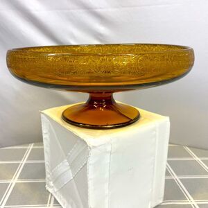 Vtg Amber Pedestal Compote Bowl Delicate Floral Edge Design Fruit Bowl Decor